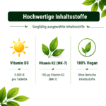 Vitamin D3 + K2 MK-7 5000 IE + 100 µg – 180 vegane Tabletten
