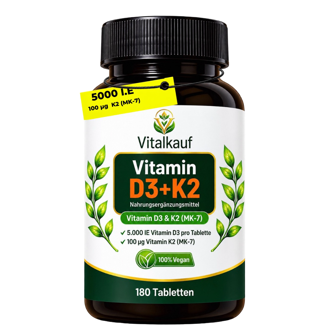 Vitamin D3 + K2 MK-7 5000 IE + 100 µg – 180 vegane Tabletten